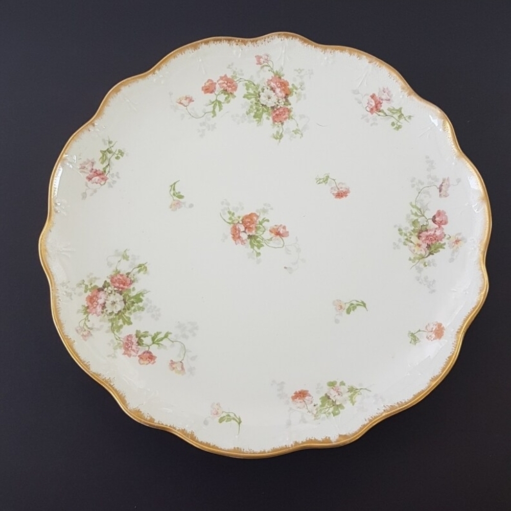 Limoges Porcelain 13" Large Round Serving Platter, Hand Painted Peach Flowers